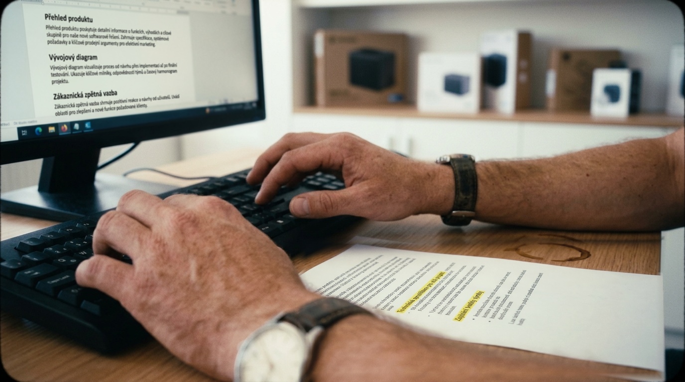 Detail rukou marketéra upravujícího AI vygenerovaný text na klávesnici