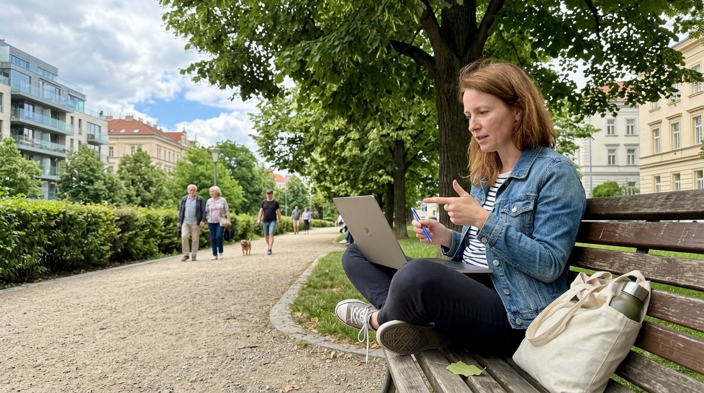 Marketérka pracující na SEO článcích na notebooku v letním parku