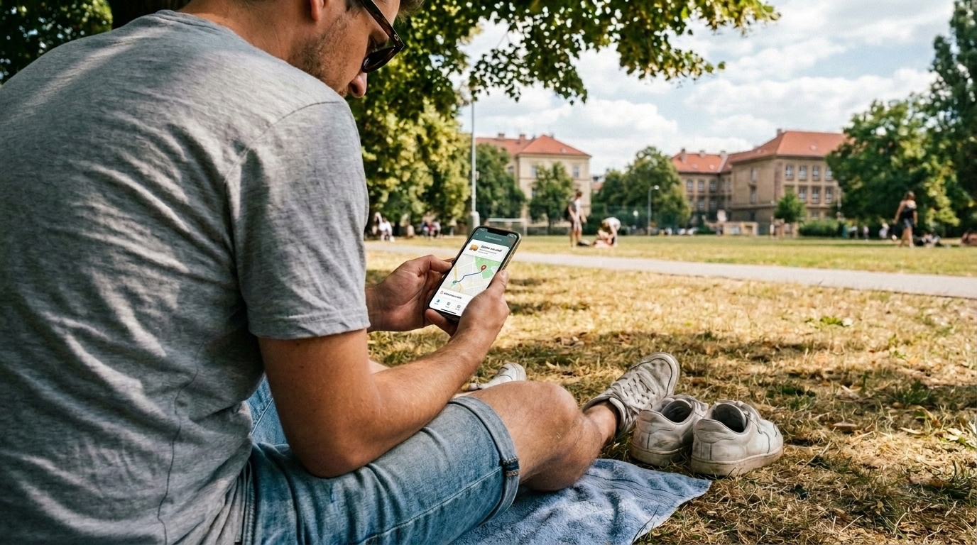 Kontrola notifikací o doručení objednávek z e-shopu na mobilu během léta v parku