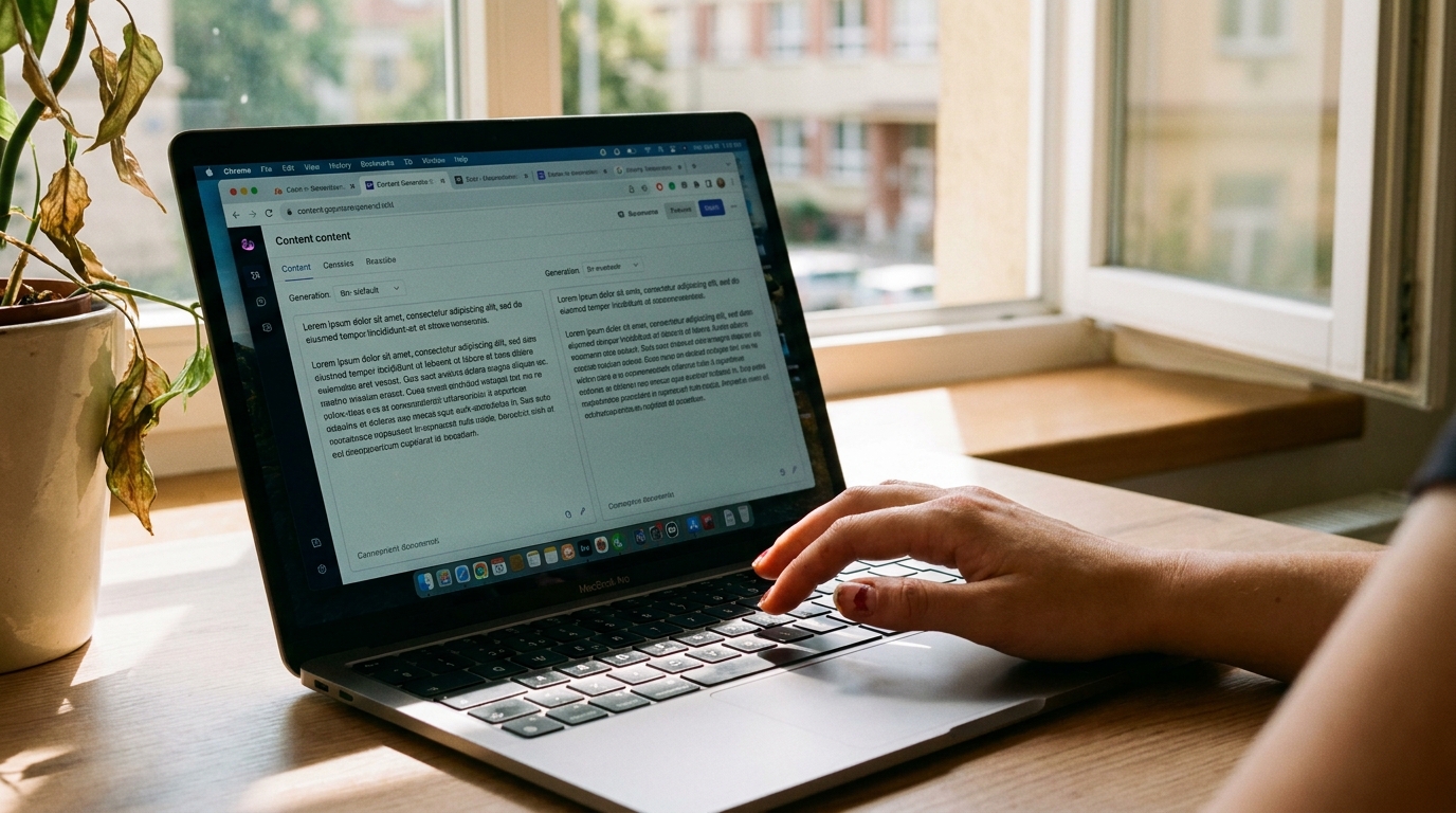 Pohled přes rameno na notebook s téměř identickými AI vygenerovanými texty pro e-shop